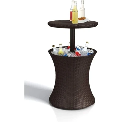 Afbeelding van Keter Pacific Cool Bar, 3 in 1 cocktailtafel, salontafel en outdoor ijskoeler rotanlook, uv bestendig weerbestendig, bruin, koelbox 30 l volume