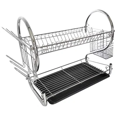 Afbeelding van Tatkraft Helga Luxe Metalen Afdruiprek Met Lekbak Afwas Druiprek Droogrek Vaatwas Rek Bestekmand &amp; Glazenrek RVS 2 Etages Verchroomd