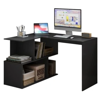 Afbeelding van WOLTU® Bureau TS64sz, computerbureau, hoekbureau, hoekcombinatie, bureau, werktafel, pc laptoptafel, met planken, 120 x 100 77 cm (b d h), MDF, zwart