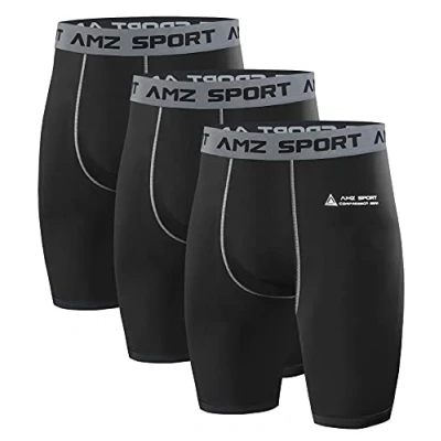 Afbeelding van AMZSPORT Set van 3 compressieshorts voor heren, korte compressiebroek, fietsbroek, sneldrogende sportbroek, functioneel ondergoed, zwart, M