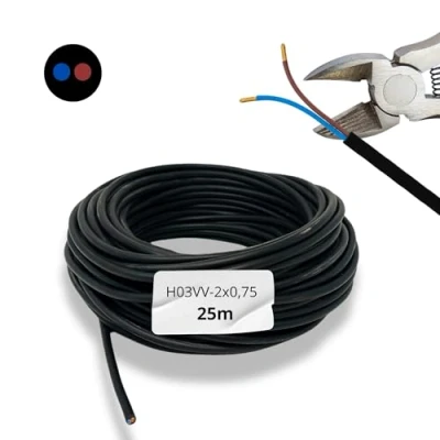 Afbeelding van HALOTEC 25 meter Elektrische kabel 2 aders 2x0.75 H03VV F Dubbele PVC isolatie Installatiekabel Stroomkabel Zwart Ronde kabelmantel Dubbeladerige