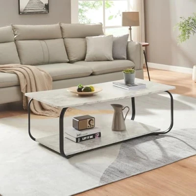 Afbeelding van [en.casa] Salontafel Kolta rechthoekig zwart en marmerlook wit met onderblad 120x60x43 cm