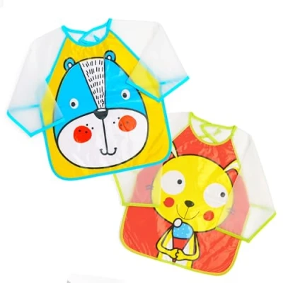 Afbeelding van Ti TIN Set van 2 waterdichte babyslabbetjes met klittenbandsluiting gelamineerde plastic slabbetjes EVA mouwen Leuke gemengde patronen.