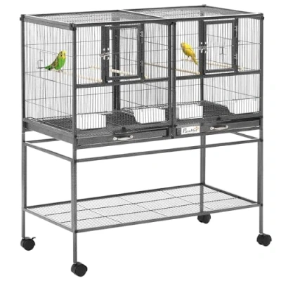 Afbeelding van PawHut Vogelkooi met scheidingswand en zitstok, 95 x 45,5 102 cm, zwart grijs