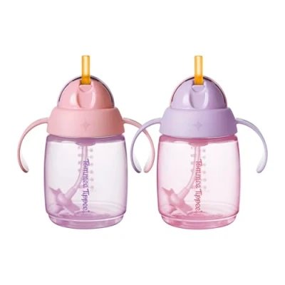 Afbeelding van Tommee Tippee Trainer rietjesbeker, 240 ml, Easy Transition peuterbeker voor 6 maanden +, met siliconen verzwaard rietje en gemakkelijk vast te houden handgrepen, roze paars, 2 stuks