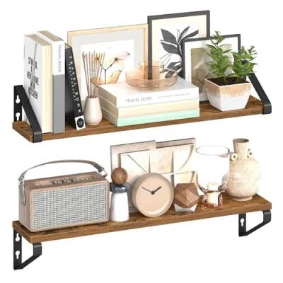 Afbeelding van VASAGLE Wandplank, zwevende plank, set van 2, 2 montagemogelijkheden, 60 cm, voor woonkamer, keuken, kantoor, badkamer, rustiek bruin en matzwart LWS062K01