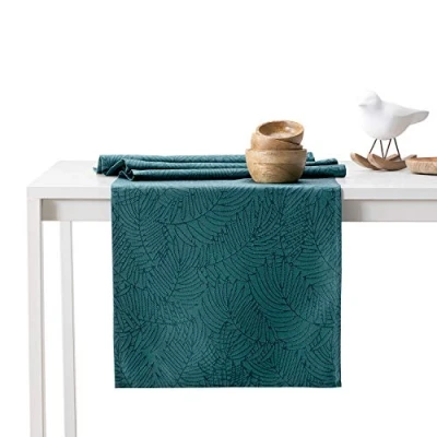 Afbeelding van AmeliaHome Tafelloper 30 x 100 cm lotuseffect waterafstotend bladeren Petrol Gaia