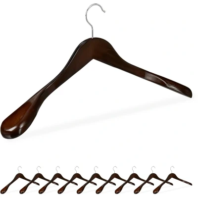 Afbeelding van 20x kledinghanger hout, set, voor jas, pakken, kostuums, &amp; mantels, stevige kleerhangers, in het donkerbruin