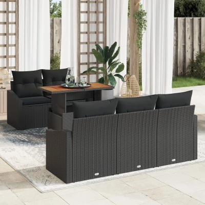 Afbeelding van vidaXL 6 Stuks Tuin Eetset met Kussens Zwart Poly Rattan Acacia