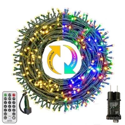 Afbeelding van Lichtsnoer voor buiten, 10 m, 100 leds, warm wit en kleurrijk, met afstandsbediening, timer, geheugenfunctie, 11 modi, kerstverlichting balkon, tuin, feest, bruiloft, kerstdecoratie