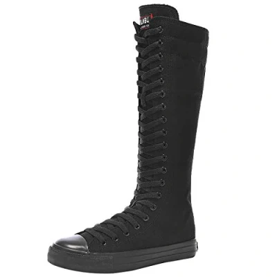 Afbeelding van ANUFER Meisje Dames Knie Hoog Canvas Laarzen Vetersluiting Ritssluiting Vlak Sportschoenen Puur Zwart F888 EU41
