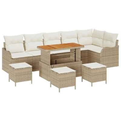 Afbeelding van vidaXL 10 delige Tuin Sofa Set met Kussens Beige Poly Rattan Acacia, 2 Zits Rattan, 4 Eet Acacia