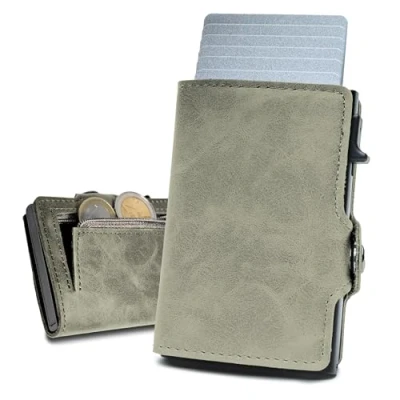 Afbeelding van slimfin® Slim Wallet met muntzakje kaarthouder RFID bescherming pop up portemonnee mini voor mannen en vrouwen zandgroen