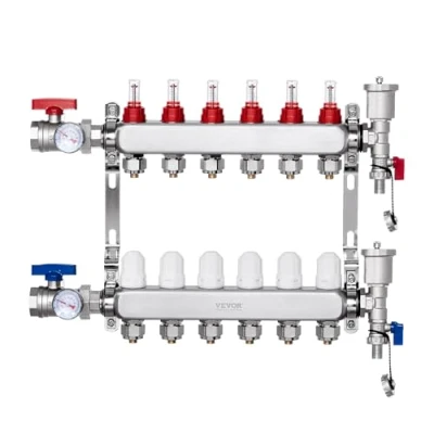 Afbeelding van VEVOR Verwarmingsspruitstuk met 6 takken, 12,7 mm PEX leidingen van roestvrij staal, adapters, voor hydronische straalvloeren, collectorkit
