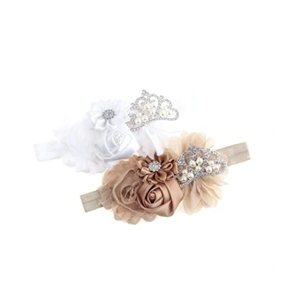 Afbeelding van Nishine Baby doophoofdband voor kleine kinderen, meisjes, stof, bloem, tiara, stretch, elastisch, in paren (kind, wit/kaki)