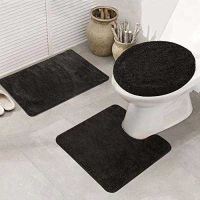 Afbeelding van ele ELEOPTION 3 delige antislip badmat en voetstukmatset, sneldrogende badkamer keukenmatten zacht comfortabel waterabsorberend stijlvolle achterkant, toiletset (zwart)