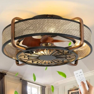 Afbeelding van Stille Plafondventilator met Verlichting E27 Retro Rotan Plafondlamp Ventilator en Afstandsbediening Vintage Handgeweven Lampenkap Ventilatorlamp voor Woonkamer Eetkamer Keuken Licht