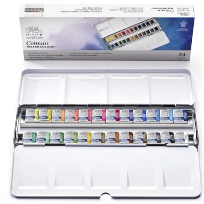Afbeelding van Winsor &amp; Newton Cotman Metal Sketchers Box Aquarelset 24 halve napjes
