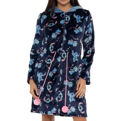 Afbeelding van Disney Dames Stitch Badjas met 3D Oren Fleece Rits Lilo en Cadeaus voor Vrouwen Blauw L