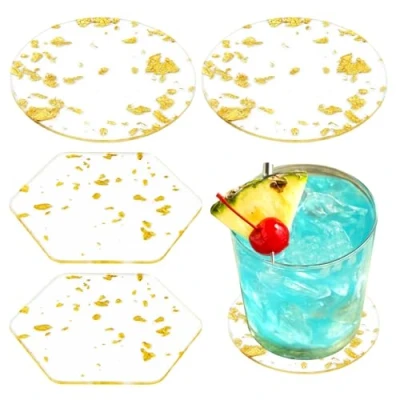 Afbeelding van Zeshoekige acryl onderzetters van goudfolie, transparante onderzetters, antislip onder glazen, voor bierflessen, koffiekopjes, dranken (4 stuks, zeshoekig en rond)