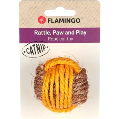 Afbeelding van Flamingo Justo kattenspeelgoed, bruin en geel, diameter 5,5 cm, met ratelgeluid kattenkruid