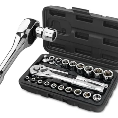 Afbeelding van Hi Spec 22 delige 1/4&quot; &amp; 3/8&quot; aandrijving metrische doppenset met ratelende moersleutel, verlengstangen in compacte gereedschapskoffer.