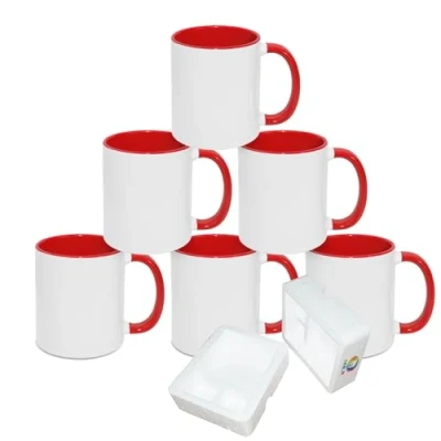 Afbeelding van MR.R Set van 6 Witte Sublimatie Keramische Mokken Vaatwasmachinebestendig met Rode Binnenste Handvat, 11oz Ronde Handvat voor Thermal Transfer Printing