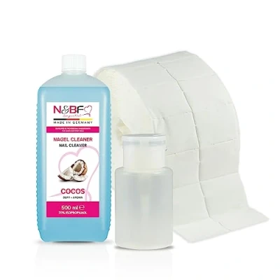 Afbeelding van NAILS FACTORY N&amp;BF nagelreinigingsset met geur 500 ml + dispenser pompflesje wit 150 1000 cellulose pads (2 rollen à stuks) 70% isopropanol alcohol nagelreiniger (kokos)