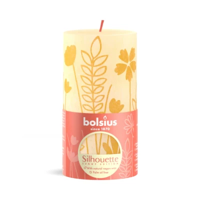 Afbeelding van Bolsius Stompkaars Silhouette Botergeel Met Print 13X6,8 Cm