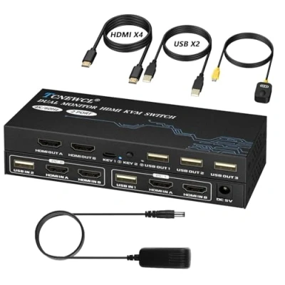 Afbeelding van HDMI KVM switch 2 PC monitoren 4K @60Hz, Dual Monitor Port met voeding, ondersteunt 2.0, HDCP 2.2, in out 4 kabels en USB
