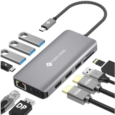 Afbeelding van NOVOO USB C Hub 11 in 1 docking station met dual HDMI 4K @60Hz, VGA, USB, PD 100W, RJ45 LAN, kaartlezer SD/Micro SD dockingstation voor Macbook Pro Air
