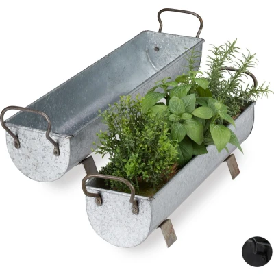 Afbeelding van Relaxdays bloempot 2 stuks bloembak dakgoot balkonbak plantenbak sierpot ijzer zwart