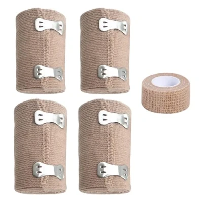 Afbeelding van 4 rollen elastische bandages, met 1 rol zelfklevende drukbandages metalen clips, sporttrainingsbevestigingsriemen, voor knieën, enkels en polsen (huidskleur)