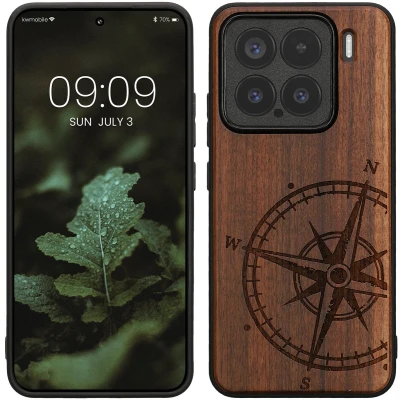 Afbeelding van kwmobile telefoonhoesje geschikt voorXiaomi 15 Hoesje met bumper walnoothout In donkerbruin Vintage Kompas design