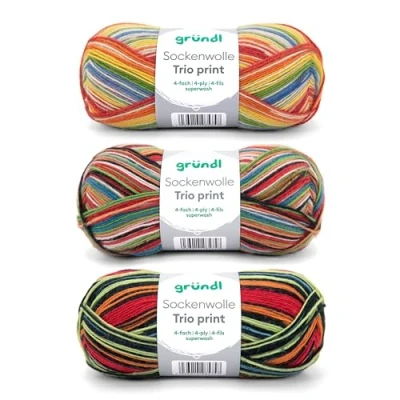 Afbeelding van Gründl Sokkenwol trio breiset van 3 x 100 g sokkengaren (75% scheerwol (superwash), 25% polyamide) + handleiding (mogelijk niet beschikbaar in het Nederlands), kleurrijke strepen