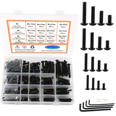 Afbeelding van Rshuhx M3 M4 M5 M6 zeskantschroeven koolstofstaal zwart schroeven en moeren sluitringen set 500 stuks hex socket ronde knop lenskop bouten met moersleutel