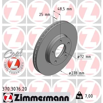 Afbeelding van ZIMMERMANN Remschijf MAZDA: 3 Hatchback, 5 COAT Z 278mm 25mm 5/5 gat 114mm interne ventilatie Gecoat High carbon 370.3076.20 BP4Y3325XB