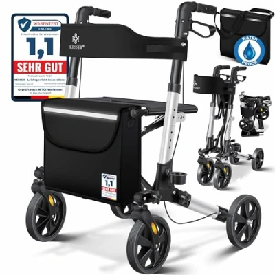 Afbeelding van KESSER® Rollator Lichtgewicht Aluminium Rollatorset driemaal opvouwbaar met Zitfunctie voor Binnen en Buiten looprek in hoogte verstelbaar inclusief Tas, Stokhouder Rugband, Zwart