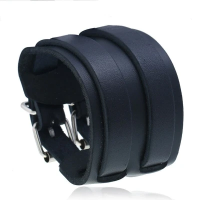Afbeelding van Armband Heren Breed Zwart Leer met Dubbele Gesp Leren Armbanden Cadeau voor Man Mannen Cadeautjes