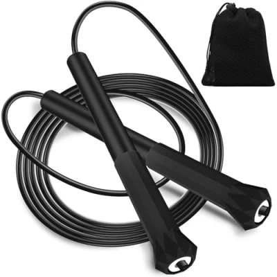 Afbeelding van Euqvunn Springtouw 3 Meter, PVC met Tas, Verstelbaar Speed Touw Lichtgewicht voor Kinderen, Mannen en Vrouwen, Fitness Workout On the Go, Snelheidstraining Vetverbranding (Zwart)