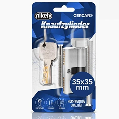 Afbeelding van GERCAR Pro Knopcilinderslotenset, 35/35, massieve slotcilinder, met knop, cilindersloten, deurslot, van messing, mat vernikkeld inclusief 5 sleutels, keersleutels, lengte: 70 mm, A: 35 B: 1x