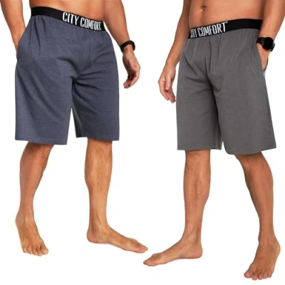 Afbeelding van Pyjama shorts voor heren, comfortabele loungeshorts met zakken, verpakking van 2 stuks, Marineblauw/Houtsk, L