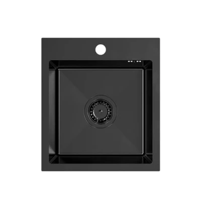 Afbeelding van VBCHOME roestvrij stalen spoelbak, 40 x 45 cm, zwart staal, inbouwspoelbak met kraangat, staal keukenspoelbak, grote wastafel, afvoergarnituur, sifon, roestvrijstalen spoelbak