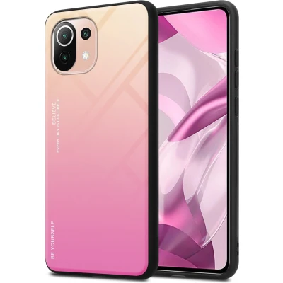 Afbeelding van Cadorabo Hoesje geschikt voor Xiaomi Mi 11 LITE (4G / 5G) NE in GEEL ROZE Tweekleurige beschermhoes van TPU silicone Case Cover en achterzijde gehard glas