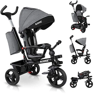 Afbeelding van KIDIZ® Kinderdriewieler 5in1 Loopfiets Driewieler Driewielfiets voor Kinderen vanaf 1 jaar Jogger vooruit en achteruit Kinderfiets met mand, tas, Bekerhouder, zonnekap rubberen wielen, Grijs