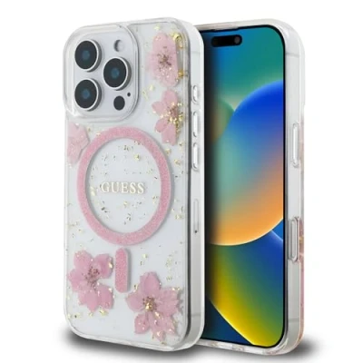 Afbeelding van CG Mobile Guess Magsafe hard hoesje met hars bloemen ontwerp voor iPhone 16 Pro Max roze