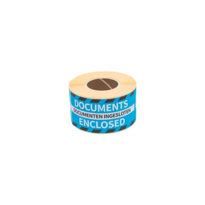 Afbeelding van Gevaaretiket 46x125mm rol 250 stuks Documents enclosed EN/NL blauw