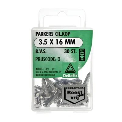 Afbeelding van Deltafix. PARKERS CIL.KOP 3.5 x 16 MM R.V.S. 30 Stuks metaal schroeven. Kruis kop.