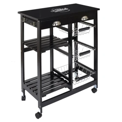 Afbeelding van Home Deco Factory HD7101 Serveerwagen, op wieltjes, bistrostijl, huishouden, markt, opslag in de keuken, houtmateriaal, zwart hout, 67.00 x 35.00 81.00