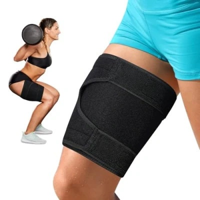 Afbeelding van supregear Dijbeenbandage, verstelbare antislip compressiebandage voor heren en dames, quad, zwart, L/XL